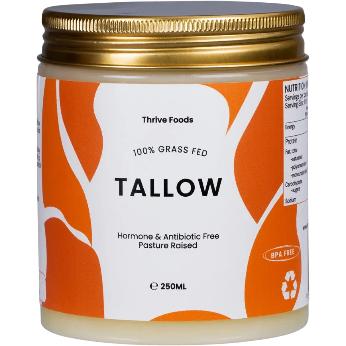 thrive foods grass fed and finished tallow, 250g, hormone and antibiotic free, pasture raised