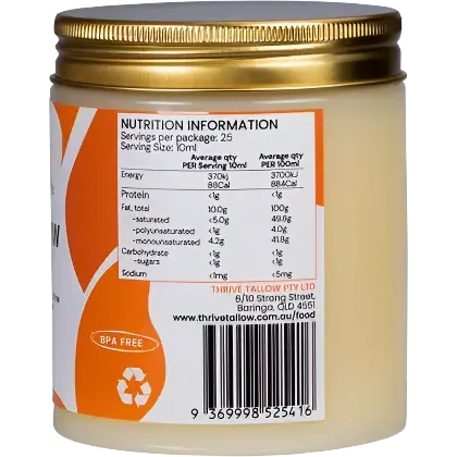 thrive tallow, grasss fed and finished beef tallow, side