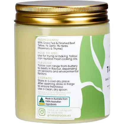 thrive tallow, garlic rosemary and thyme, grassfed and finished tallow, hormone free, pasture raised, ingredients label
