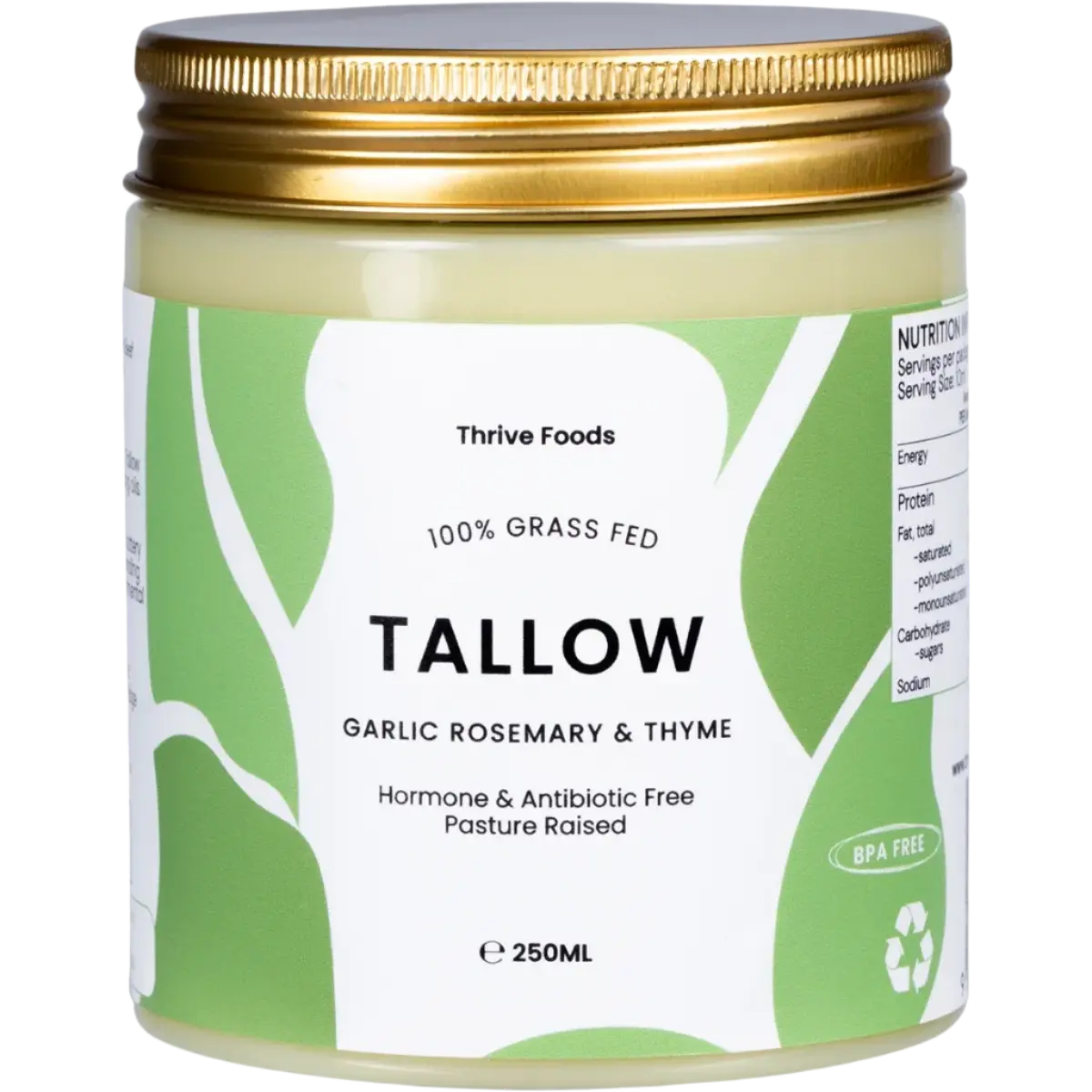 thrive tallow, garlic rosemary and thyme, grassfed and finished tallow, hormone free, pasture raised