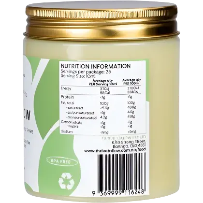 thrive tallow, garlic rosemary and thyme, grassfed and finished tallow, hormone free, pasture raised, side