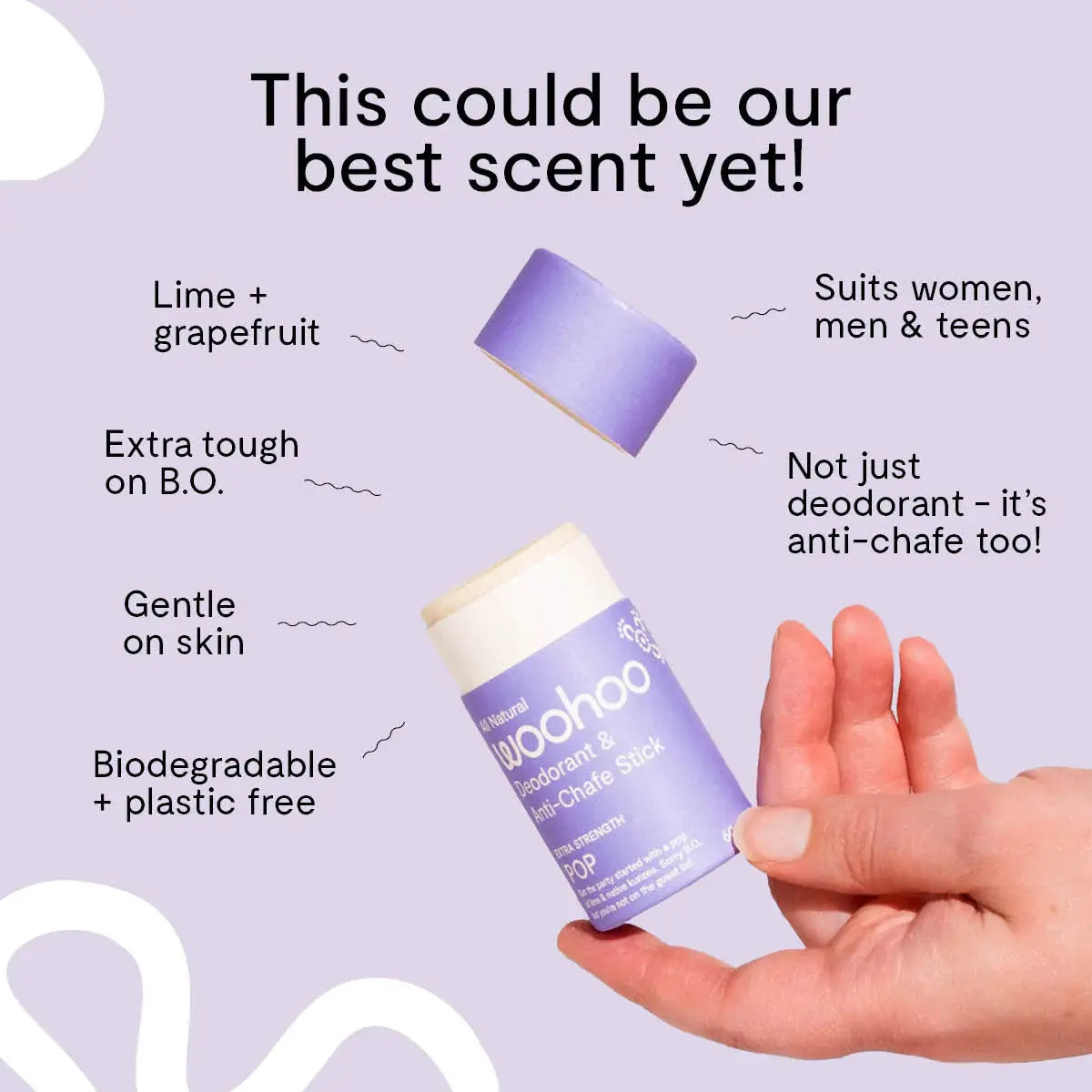 all natural woohoo deodorant stick and anti-chafe stick pop extra strength