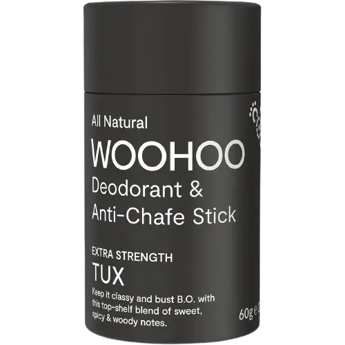 all natural woohoo deodorant stick and anti-chafe stick tux