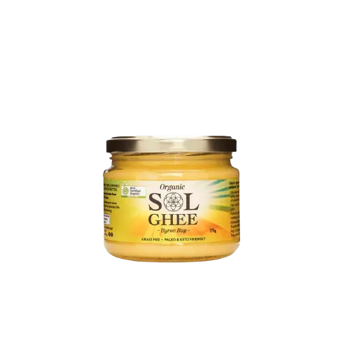 ghee, sol organics, sol organics ghee, front, organic ghee, additive free, grass fed and finished ghee