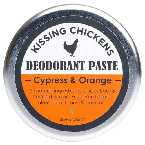 kissing chickens natural deodorant paste cypress & orange tin