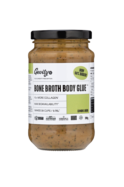 gevity, gevity rx, bone broth, body glue, lemon and herb bone broth, front