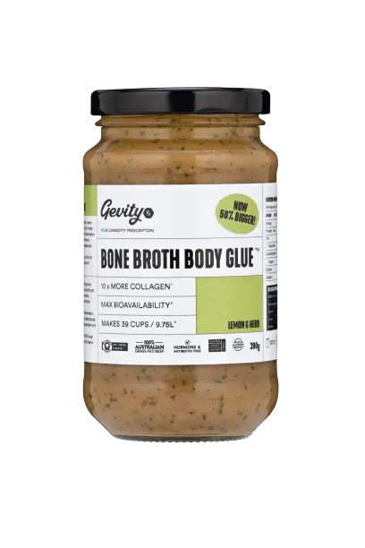 gevity, gevity rx, bone broth, body glue, lemon and herb bone broth, front