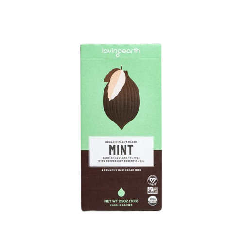 loving earth, plant based chocolate, vegan chocolate, additive free, mint chocolate, front