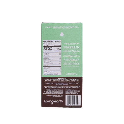 loving earth, plant based chocolate, vegan chocolate, additive free, mint chocolate, back