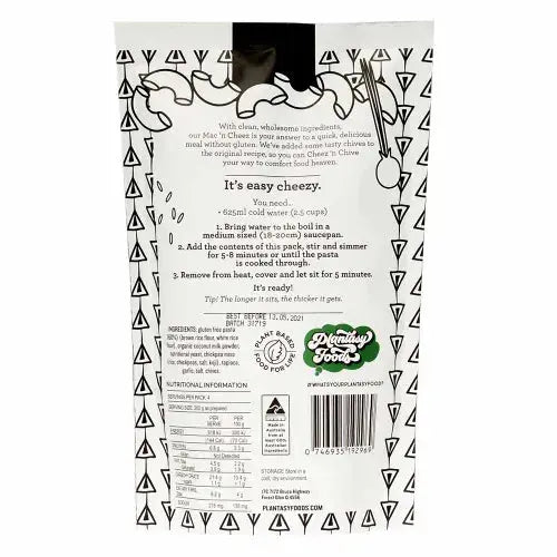 plantasy foods, mac n cheez, cheez n chive, cheez, additive free, plant based pasta, back