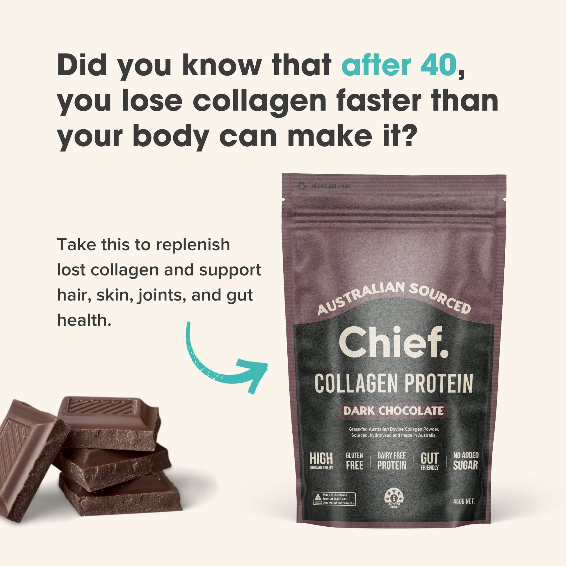 Chief Collagen Protein package with dark chocolate pieces on a light background