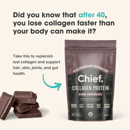 Chief Collagen Protein package with dark chocolate pieces on a light background