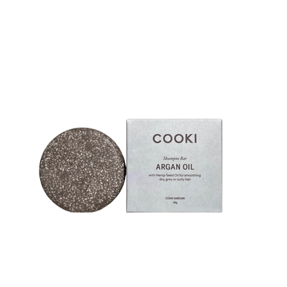 Cooki Argan Oil shampoo bar with packaging on a transparent background