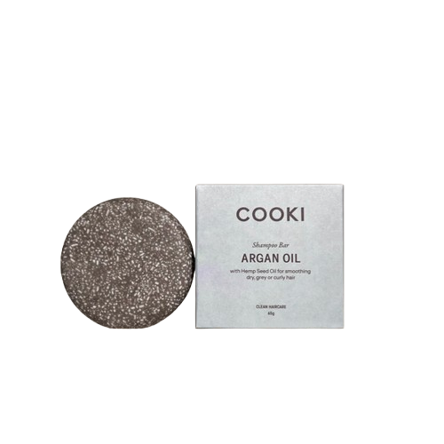 Cooki Argan Oil shampoo bar with packaging on a transparent background