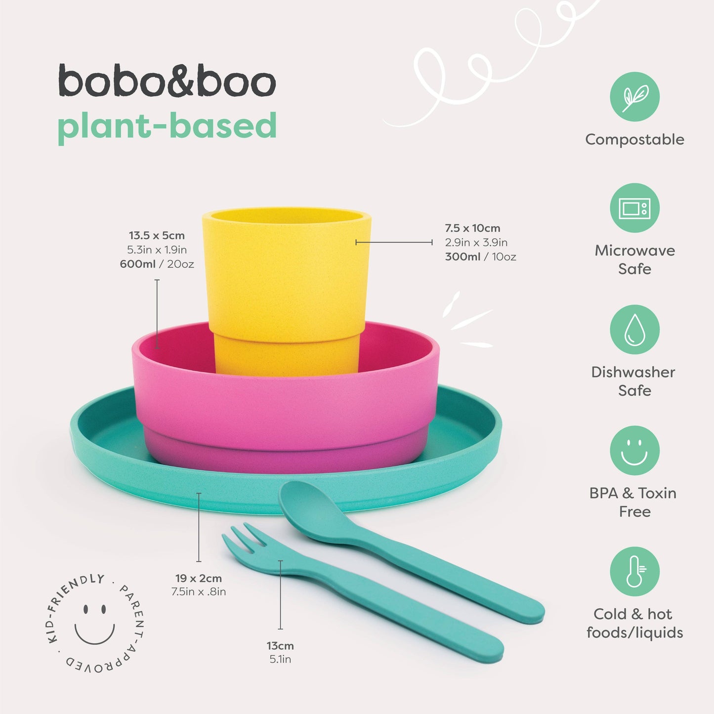 Set of plant-based tableware including a yellow cup, pink bowl, teal tray, fork, and spoon on a white background with 'bobo&boo' branding.