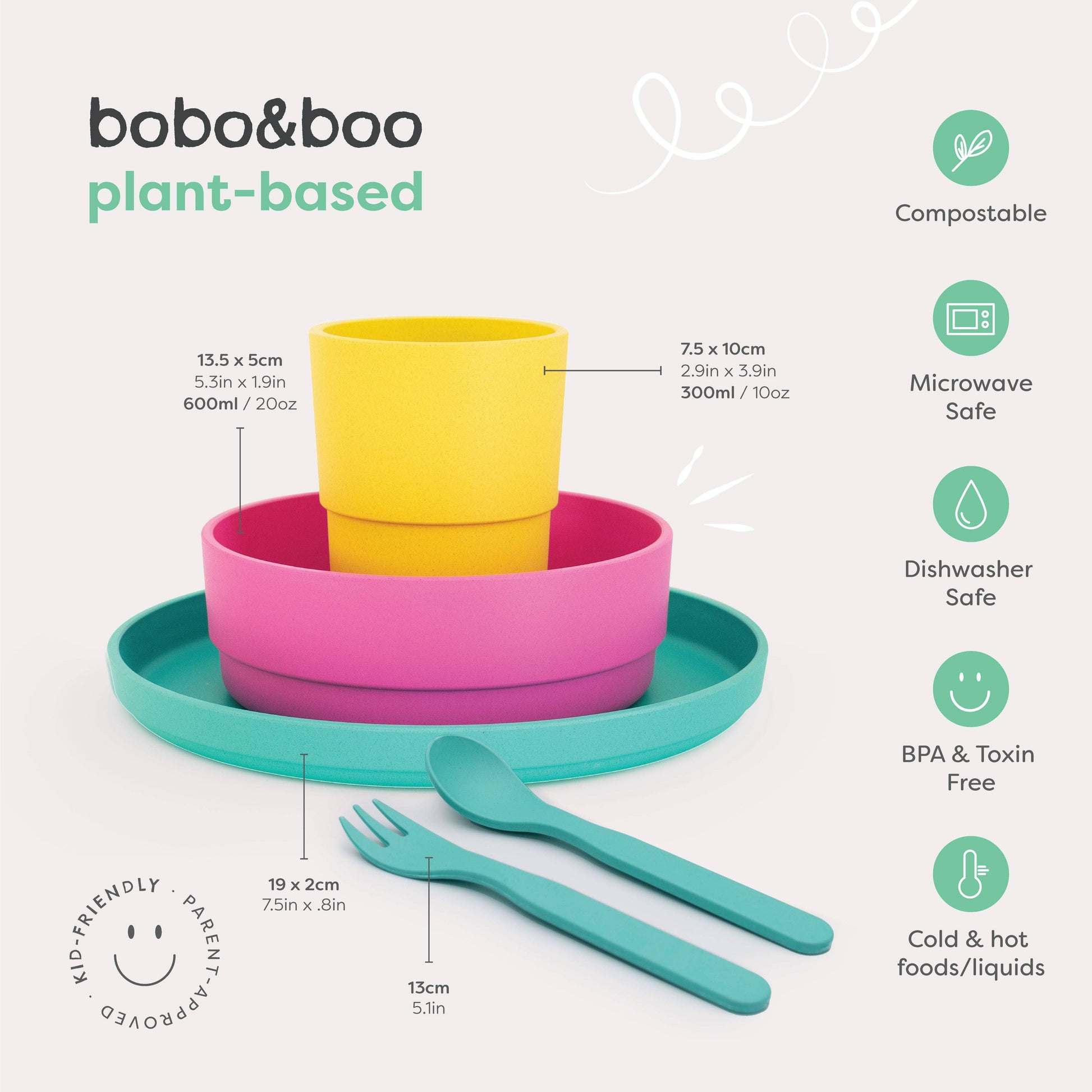 Set of plant-based tableware including a yellow cup, pink bowl, teal tray, fork, and spoon on a white background with 'bobo&boo' branding.