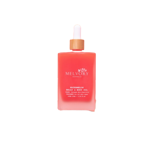 A bottle of Melvory Cosmetics Watermelon Body & Body Oil,