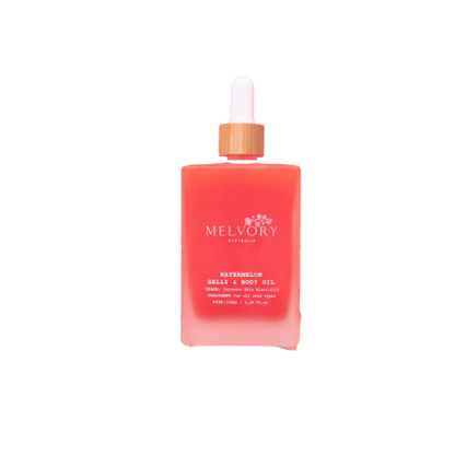 A bottle of Melvory Cosmetics Watermelon Body & Body Oil,