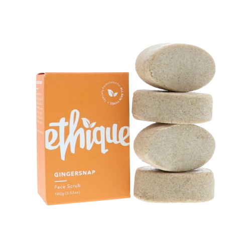Ethique Gingersnap Face Scrub packaging with stacked solid bars
