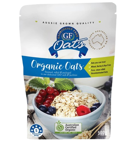 Packaging of GF Oats organic oats with a bowl of oats and berries on a white background