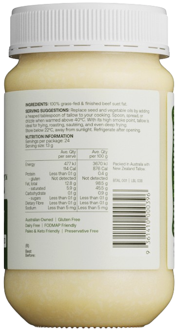Back view of a best of the bone beef tallow jar with nutritional information and ingredients listed