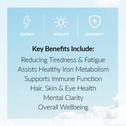 Beef Liver Capsules - Primal Energy . 
List of key benefits on a light blue background with icons for energy, vitality, and immunity.