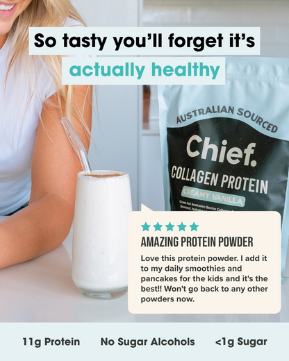 Person holding a glass of protein shake with Chief Collagen Protein packaging in the background. chief customer review