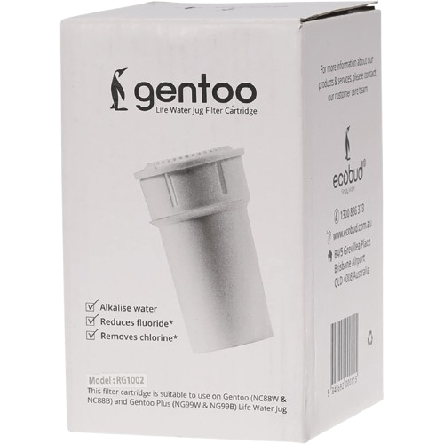 Gentoo water filter cartridge packaging on a white background