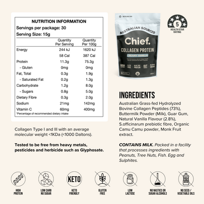 Collagen protein package with nutrition information and ingredients list on a beige background - creamy vanilla