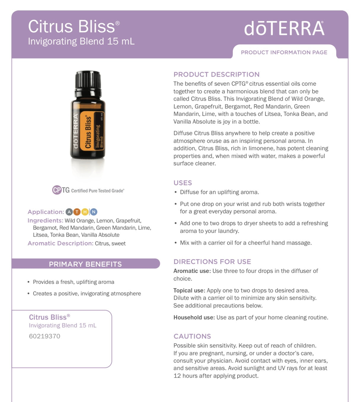 doTERRA citrus bliis essential oil product infomation page