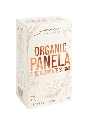 Box of grounded pleasures Organic Panela sugar on a white background