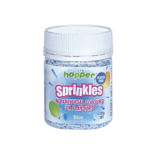 Jar of blue sprinkles with 'hopper' branding, gluten free sprinkles