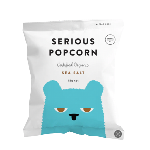 serious food co, serious popcorn, organic popcorn, sea salt, certified organic popcorn
