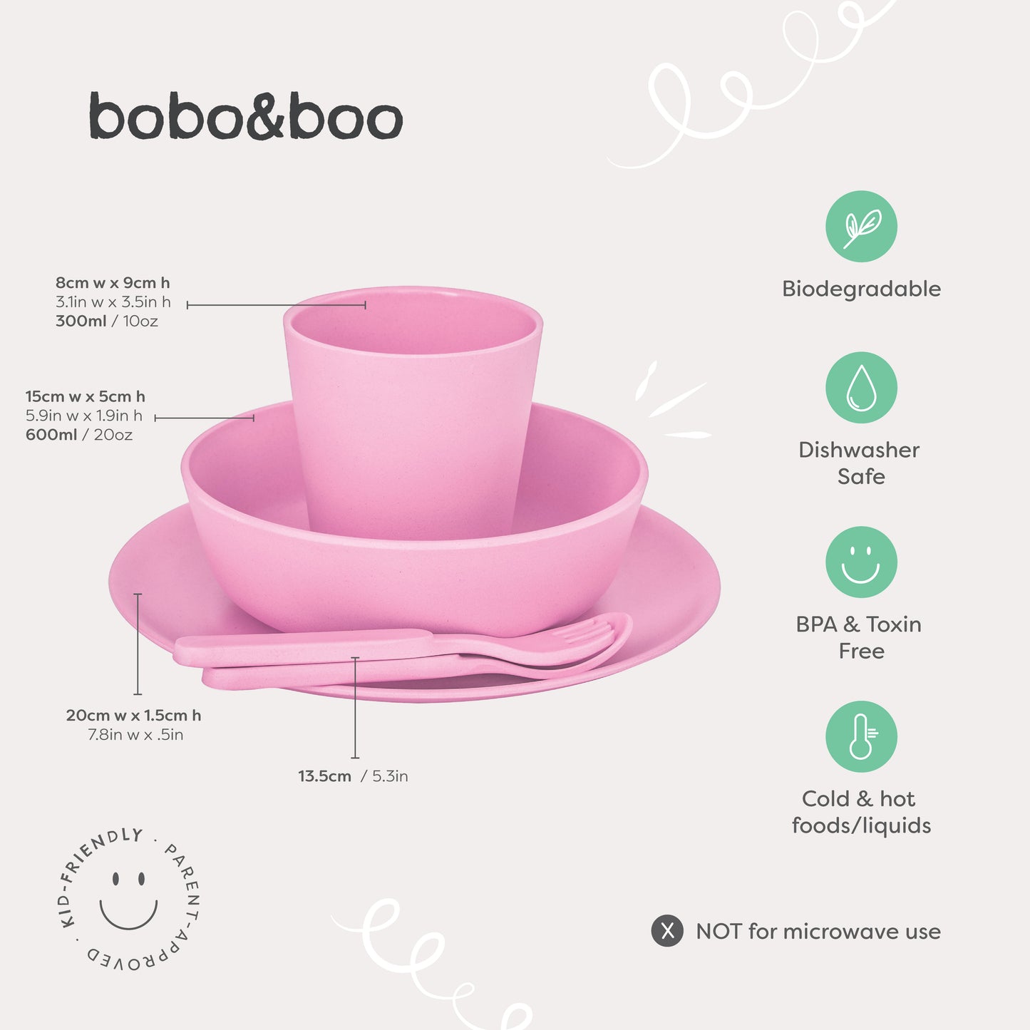Bobo & Boo bamboo pink dinnerwear set with product measurements