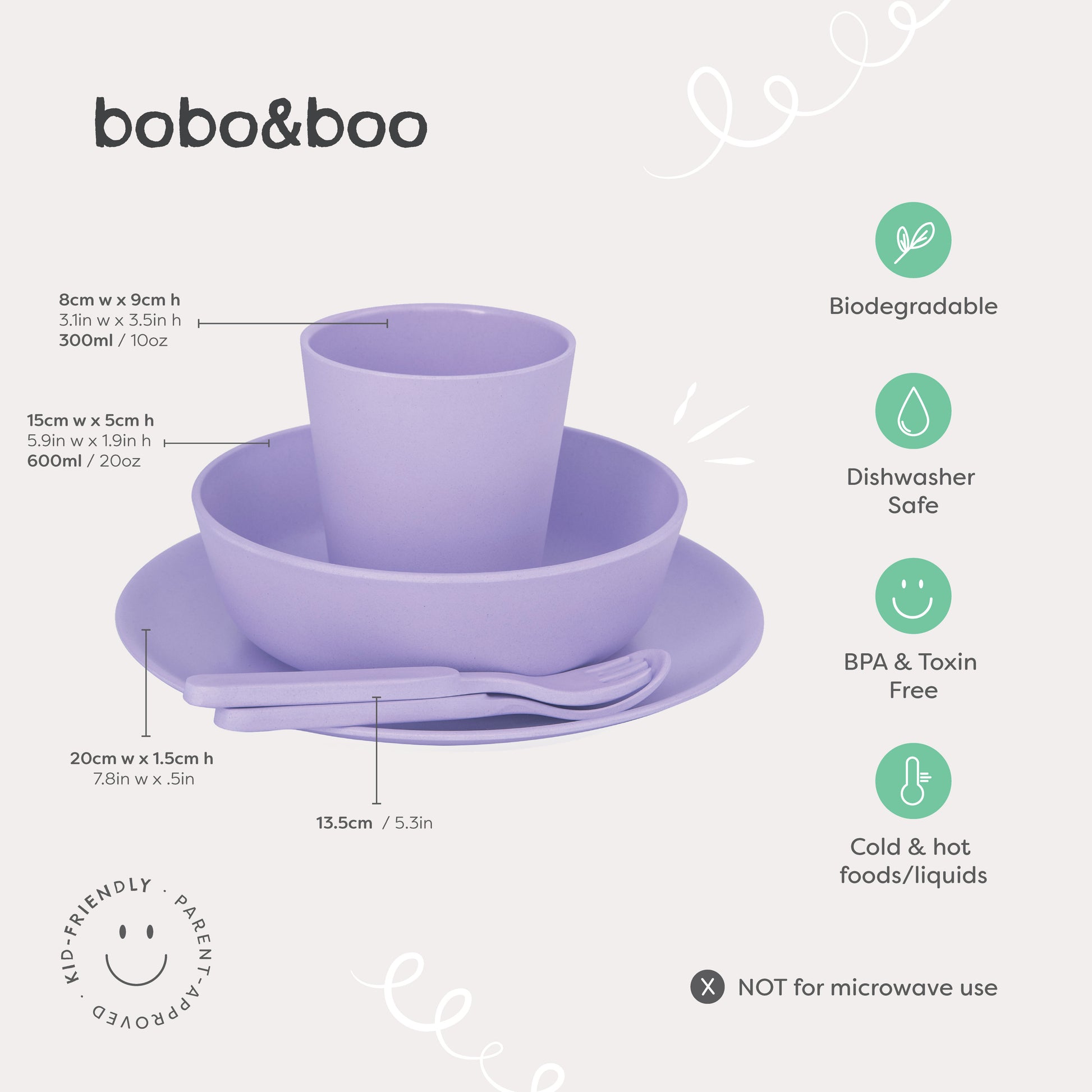 bobo & boo lilac bamboo dinnerwear giftset with measurements