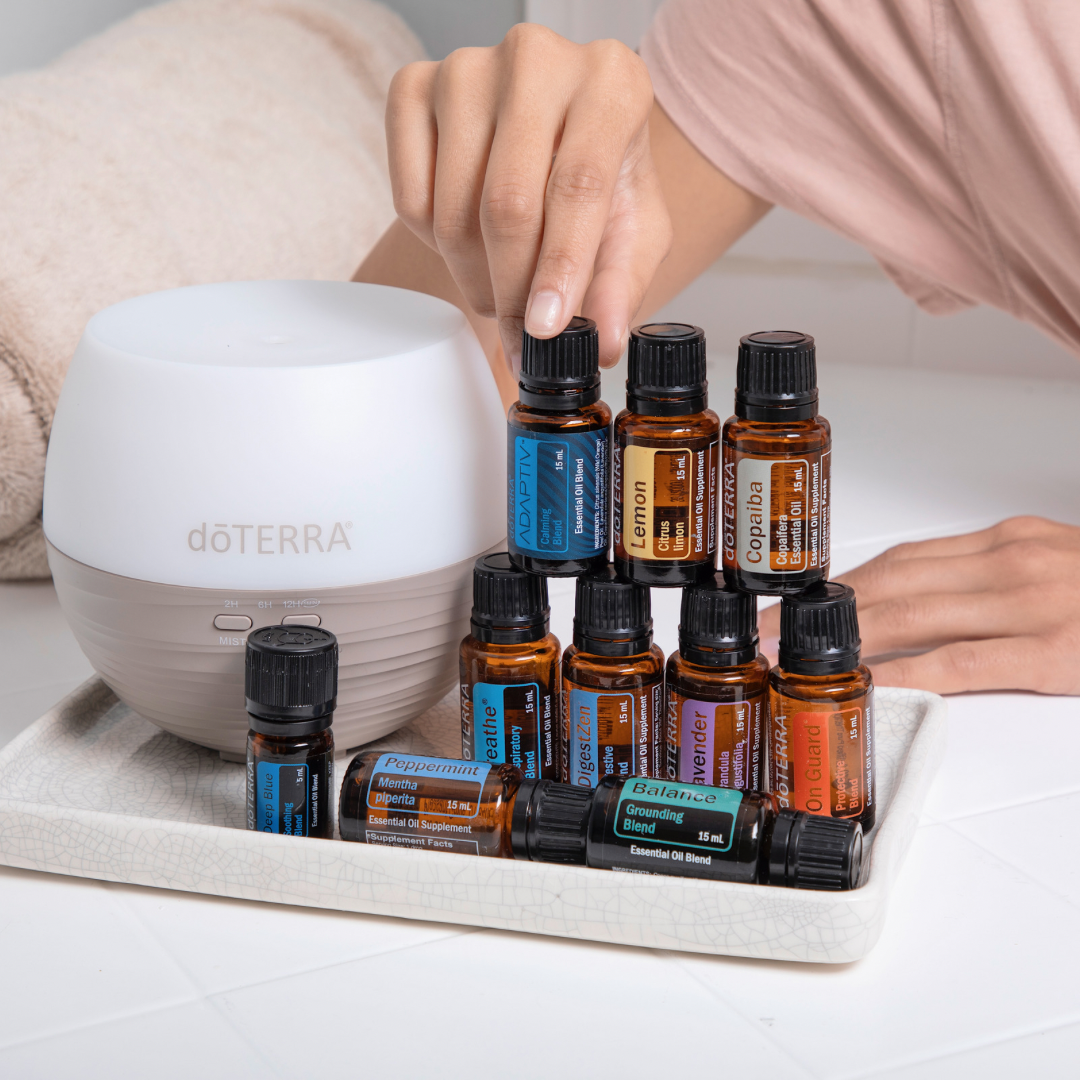 range of doterra essential oils with a diffuser