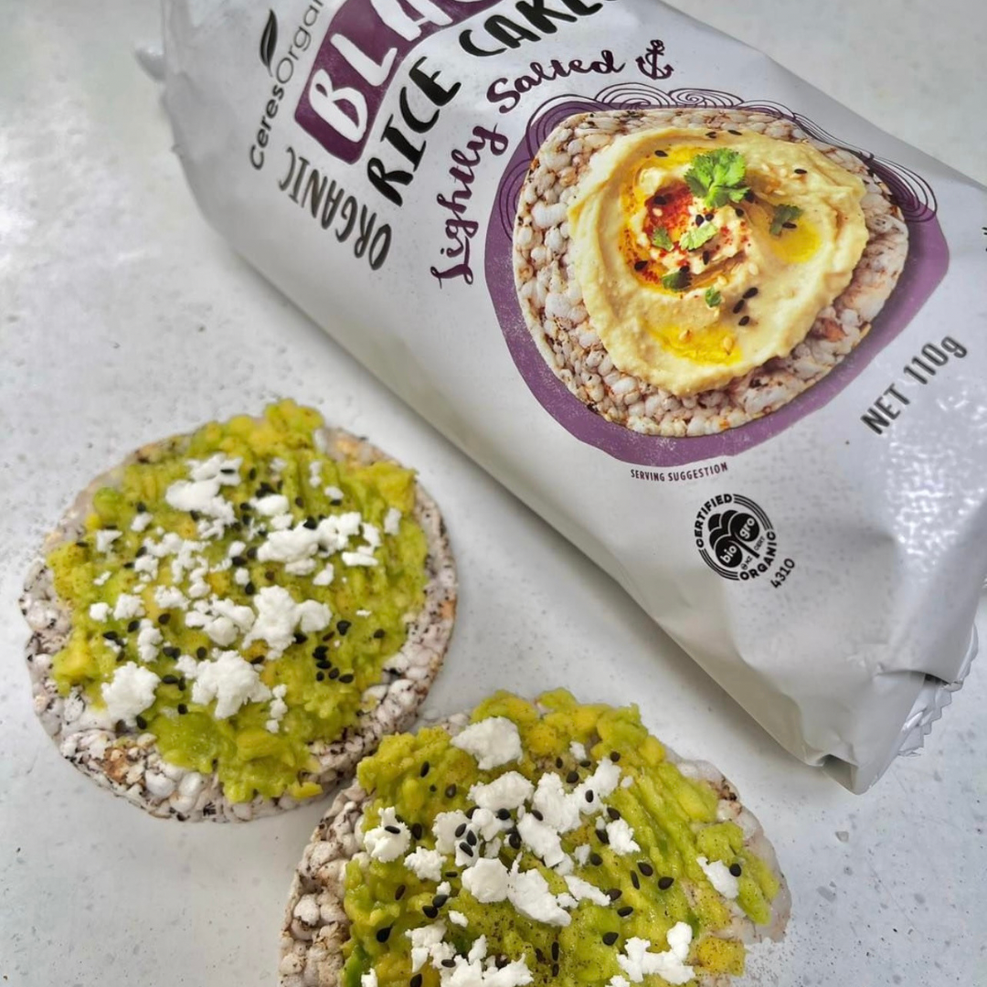 ceres organics organic black rice cakes packet and rice cakes with avocado and feta