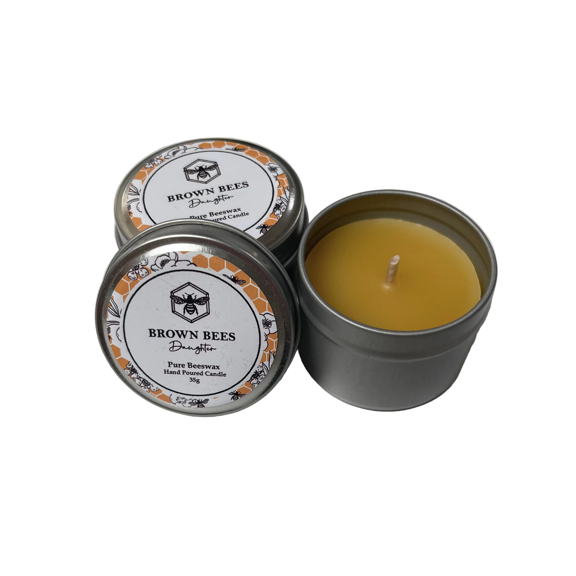 Two tins of Brown Bees Pure Beeswax Candles 