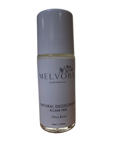  roll-on bottle of Melvory Australia Natural Deodorant, Bicarb Free, Citrus Burst, featuring a white cap and a white label with black text.