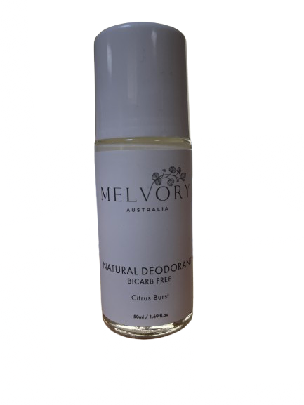  roll-on bottle of Melvory Australia Natural Deodorant, Bicarb Free, Citrus Burst, featuring a white cap and a white label with black text.