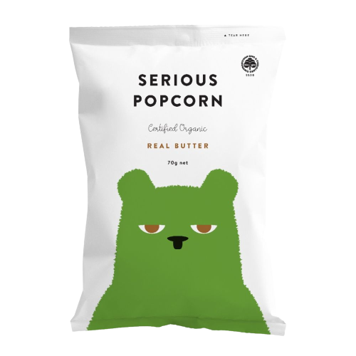 serious popcorn, butter popcorn, serious food co, organic popcorn, front