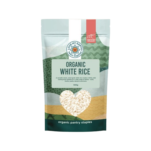Love My Earth organic white rice bag, certified organic additive-free white rice