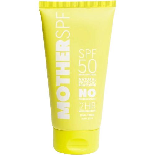 A bright yellow squeeze tube of Mother SPF 50 Natural Physical Sunscreen 
