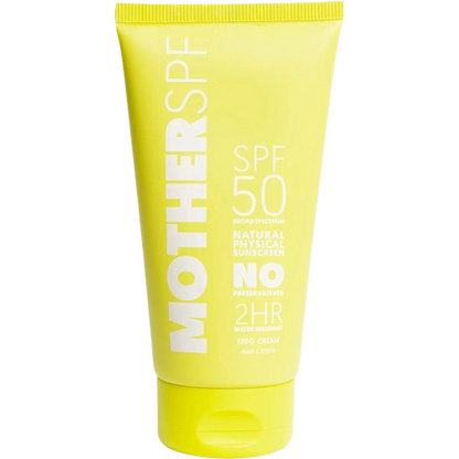 A bright yellow squeeze tube of Mother SPF 50 Natural Physical Sunscreen 