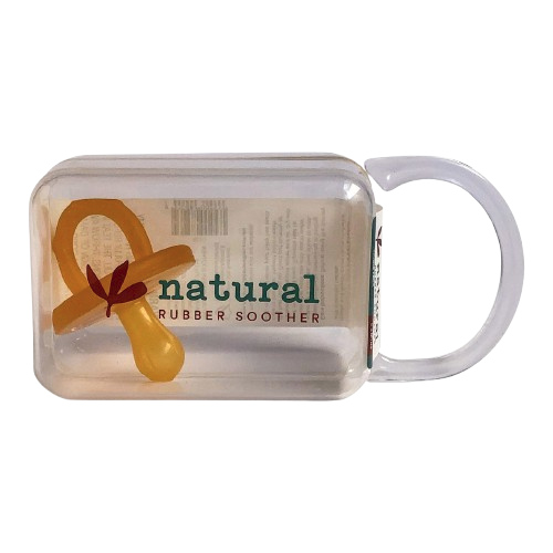 Clear container with a natural rubber soother inside 