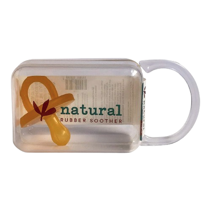 Clear container with a natural rubber soother inside 