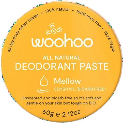 Yellow container of woohoo all natural deodorant paste mellow with branding and product details.