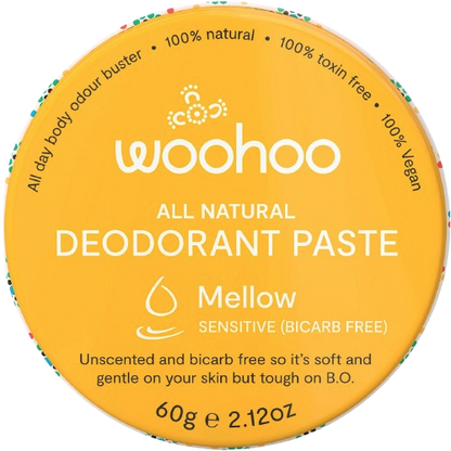 Yellow container of woohoo all natural deodorant paste mellow with branding and product details.