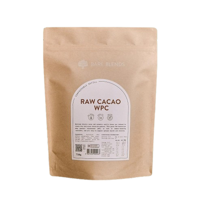 Kraft paper packaging of Bare blends  Raw Cacao WPC with a label on a transparent background