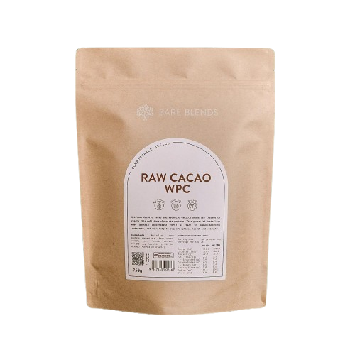 Kraft paper packaging of Bare blends  Raw Cacao WPC with a label on a transparent background